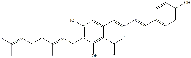 7-[(2E)-3,7-Dimethyl-2,6-octadienyl]-6,8-dihydroxy-3-[(E)-2-(4-hydroxyphenyl)ethenyl]-1H-2-benzopyran-1-one Struktur