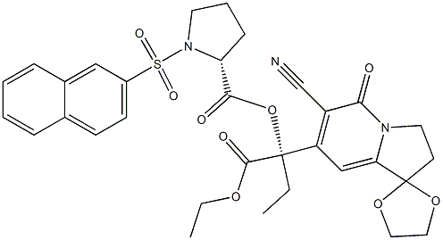 6-Cyano-7-[(S)-1-ethoxycarbonyl-1-[[(2R)-1-[(2-naphtyl)sulfonyl]-2-pyrrolidinyl]carbonyloxy]propyl]-2,3-dihydrospiro[indolizine-1,2'-[1,3]dioxolan]-5-one Struktur