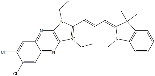 6,7-Dichloro-1,3-diethyl-2-[3-[[2,3-dihydro-1,3,3-trimethyl-1H-indol]-2-ylidene]-1-propenyl]-1H-imidazo[4,5-b]quinoxalin-3-ium Struktur