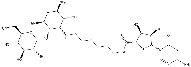 (2S,3S,4R,5R)-5-(4-AMINO-2-OXOPYRIMIDIN-1(2H)-YL)-N-(6-((1S,2R,3S,5R,6S)-3,5-DIAMINO-2-((2S,3R,4R,5S,6R)-3-AMINO-6-(AMINOMETHYL)-4,5-DIHYDROXYTETRAHYDRO-2H-PYRAN-2-YLOXY)-6-HYDROXYCYCLOHEXYLAMINO)HEXYL)-3,4-DIHYDROXYTETRAHYDROFURAN-2-CARBOXAMIDE Struktur