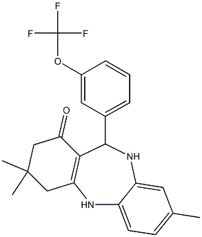 3,3,8-trimethyl-11-[3-(trifluoromethoxy)phenyl]-2,3,4,5,10,11-hexahydro-1H-dibenzo[b,e][1,4]diazepin-1-one Struktur