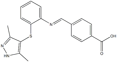 4-[({2-[(3,5-dimethyl-1H-pyrazol-4-yl)sulfanyl]phenyl}imino)methyl]benzoic acid Struktur