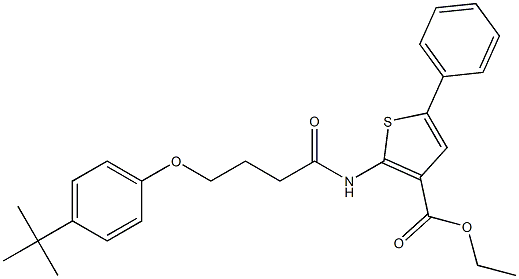 ethyl 2-{[4-(4-tert-butylphenoxy)butanoyl]amino}-5-phenyl-3-thiophenecarboxylate Struktur