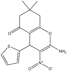 2-amino-3-nitro-7,7-dimethyl-4-(2-thienyl)-4,6,7,8-tetrahydro-5H-chromen-5-one Struktur