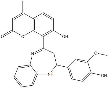 7-hydroxy-8-[2-(4-hydroxy-3-methoxyphenyl)-2,3-dihydro-1H-1,5-benzodiazepin-4-yl]-4-methyl-2H-chromen-2-one Struktur