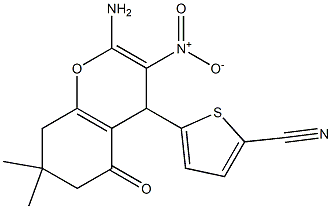 5-{2-amino-3-nitro-7,7-dimethyl-5-oxo-5,6,7,8-tetrahydro-4H-chromen-4-yl}thiophene-2-carbonitrile Struktur