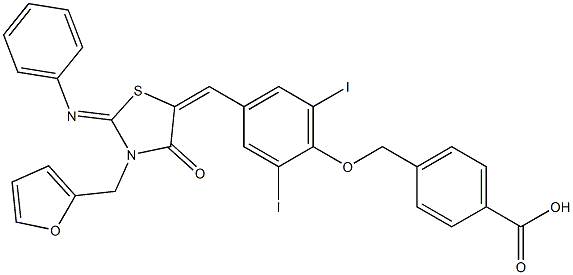 4-[(4-{[3-(2-furylmethyl)-4-oxo-2-(phenylimino)-1,3-thiazolidin-5-ylidene]methyl}-2,6-diiodophenoxy)methyl]benzoic acid Struktur