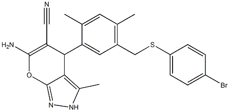 6-amino-4-(5-{[(4-bromophenyl)sulfanyl]methyl}-2,4-dimethylphenyl)-3-methyl-2,4-dihydropyrano[2,3-c]pyrazole-5-carbonitrile Struktur