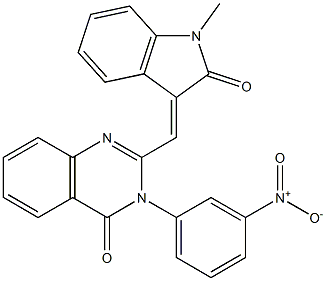 3-{3-nitrophenyl}-2-[(1-methyl-2-oxo-1,2-dihydro-3H-indol-3-ylidene)methyl]-4(3H)-quinazolinone Struktur