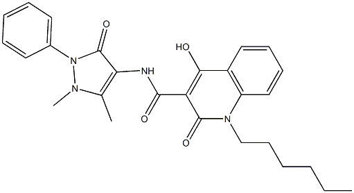 N-(1,5-dimethyl-3-oxo-2-phenyl-2,3-dihydro-1H-pyrazol-4-yl)-1-hexyl-4-hydroxy-2-oxo-1,2-dihydroquinoline-3-carboxamide Struktur