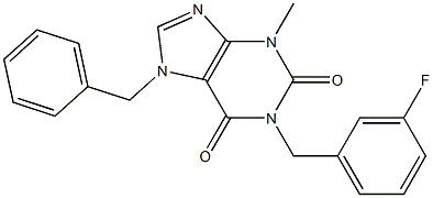 7-benzyl-1-(3-fluorobenzyl)-3-methyl-3,7-dihydro-1H-purine-2,6-dione Struktur