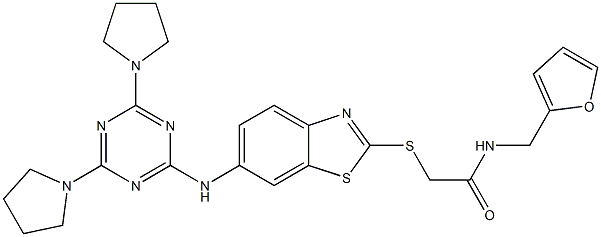 2-[(6-{[4,6-di(1-pyrrolidinyl)-1,3,5-triazin-2-yl]amino}-1,3-benzothiazol-2-yl)sulfanyl]-N-(2-furylmethyl)acetamide Struktur