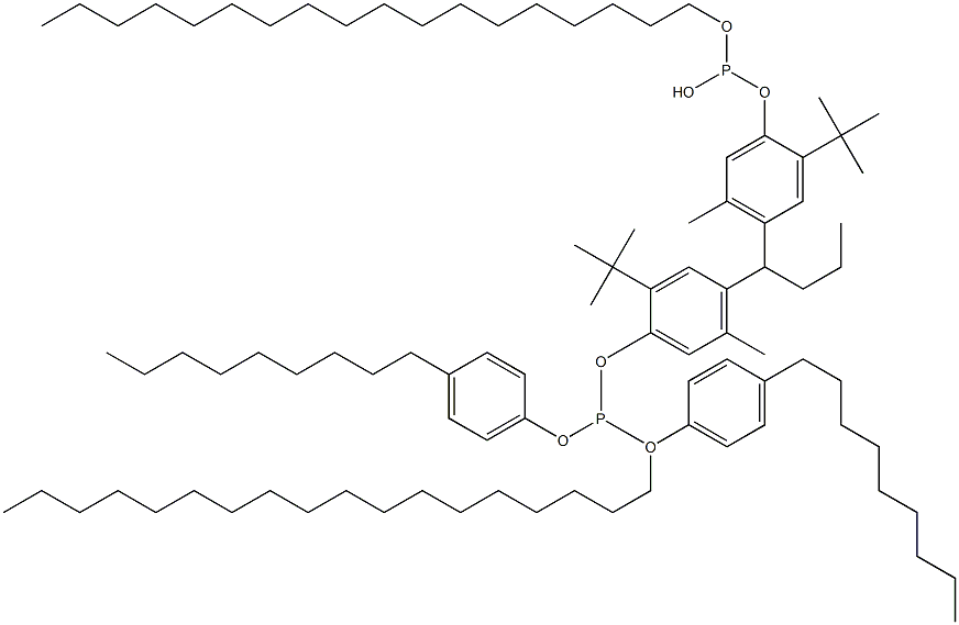 [Butylidenebis(2-tert-butyl-5-methyl-4,1-phenyleneoxy)]bis(phosphonous acid)O,O'-dioctadecyl O,O'-bis(4-nonylphenyl) ester Struktur