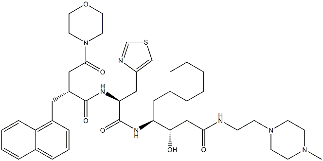 (3S,4S)-3-Hydroxy-5-cyclohexyl-4-[[(2S)-3-(4-thiazolyl)-2-[[(2R)-2-[morpholinocarbonylmethyl]-3-(1-naphthalenyl)propionyl]amino]propionyl]amino]-N-[2-(4-methyl-1-piperazinyl)ethyl]valeramide Struktur