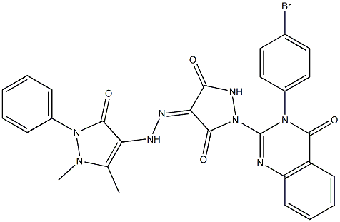 3-(4-Bromophenyl)-2-[3,5-dioxo-4-[[(1,5-dimethyl-2,3-dihydro-2-phenyl-3-oxo-1H-pyrazol)-4-yl]aminoimino]pyrazolidin-1-yl]quinazolin-4(3H)-one Struktur