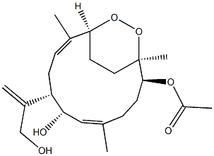 (1S,2S,3E,7S,8R,11S,12Z)-7-Acetyloxy-2-hydroxy-8,11-epidioxy-1-[1-(hydroxymethyl)ethenyl]-4,8,12-trimethylcyclotetradeca-3,12-diene Struktur