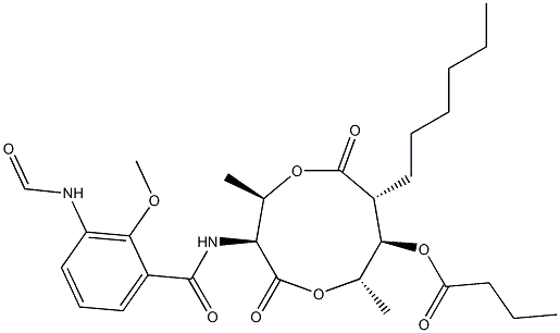 Butanoic acid (3S,4R,7R,8R,9S)-3-[(3-formylamino-2-methoxybenzoyl)amino]-4,9-dimethyl-2,6-dioxo-7-hexyl-1,5-dioxonan-8-yl ester Struktur