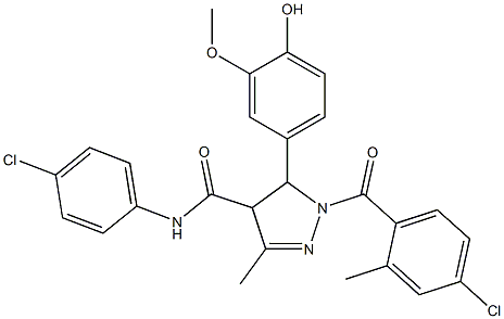 N-(4-Chlorophenyl)-5-(4-hydroxy-3-methoxyphenyl)-1-(4-chloro-2-methylbenzoyl)-3-methyl-4,5-dihydro-1H-pyrazole-4-carboxamide Struktur