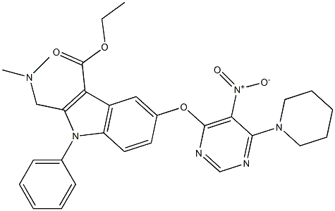 1-Phenyl-2-[(dimethylamino)methyl]-5-[5-nitro-6-piperidinopyrimidin-4-yloxy]-1H-indole-3-carboxylic acid ethyl ester Struktur