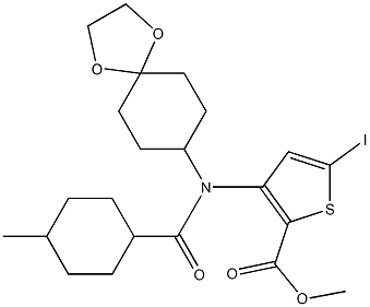 methyl 3-(N-{1,4-dioxaspiro[4.5]decan-8-yl}(1r,4r)-4-methylcyclohexaneamido)-5-iodothiophene-2-carboxylate Struktur