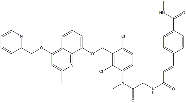 Benzamide, 4-[(1E)-3-[[2-[[2,4-dichloro-3-[[[2-methyl-4-(2-pyridinylmethoxy)-8-quinolinyl]oxy]methyl]phenyl]methylamino]-2-oxoethyl]amino]-3-oxo-1-propen-1-yl]-N-methyl- Struktur