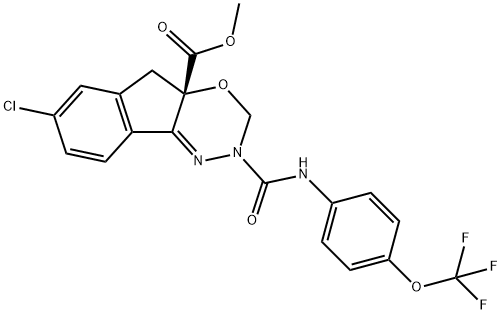 Indeno[1,2-e][1,3,4]oxadiazine-4a(3H)-carboxylic acid, 7-chloro-2,5-dihydro-2-[[[4-(trifluoromethoxy)phenyl]amino]carbonyl]-, methyl ester, (4aS)- Struktur