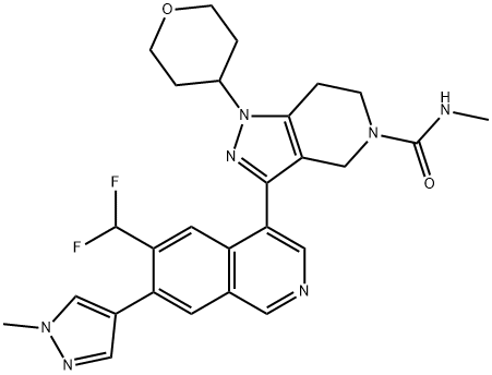 5H-Pyrazolo[4,3-c]pyridine-5-carboxamide, 3-[6-(difluoromethyl)-7-(1-methyl-1H-pyrazol-4-yl)-4-isoquinolinyl]-1,4,6,7-tetrahydro-N-methyl-1-(tetrahydro-2H-pyran-4-yl)- Struktur