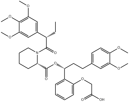 2-Piperidinecarboxylic acid, 1-[(2S)-1-oxo-2-(3,4,5-trimethoxyphenyl)butyl]-, (1R)-1-[2-(carboxymethoxy)phenyl]-3-(3,4-dimethoxyphenyl)propyl ester, (2S)- Struktur