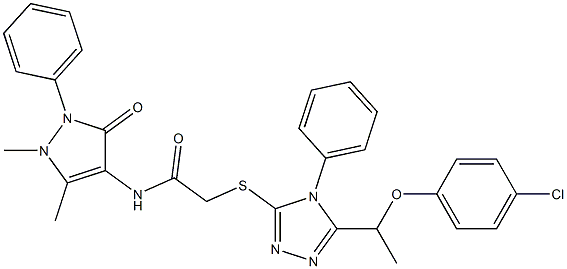 2-({5-[1-(4-chlorophenoxy)ethyl]-4-phenyl-4H-1,2,4-triazol-3-yl}sulfanyl)-N-(1,5-dimethyl-3-oxo-2-phenyl-2,3-dihydro-1H-pyrazol-4-yl)acetamide Struktur