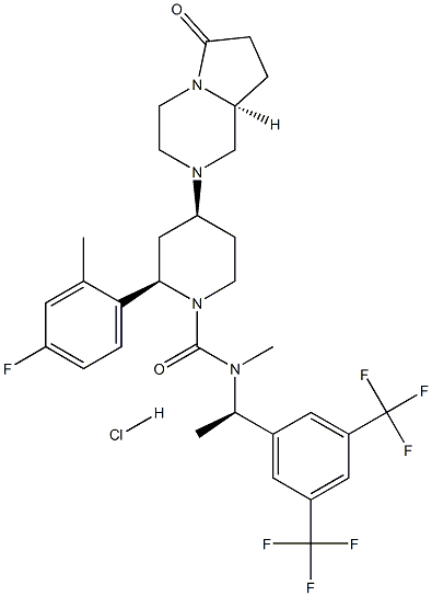 (2R,4S)-N-{(1R)-1-[3,5-bis(trifluoromethyl)phenyl]ethyl}-2-(4-fluoro-2-methylphenyl)-N-methyl-4-[(8aS)-6-oxohexahydropyrrolo[1,2-a]pyrazin-2(1H)-yl]-1-piperidinecarboxamide hydrochloride Struktur