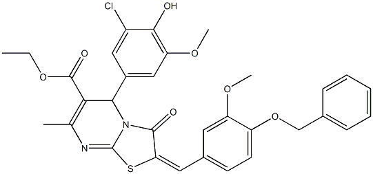 ethyl 2-[4-(benzyloxy)-3-methoxybenzylidene]-5-(3-chloro-4-hydroxy-5-methoxyphenyl)-7-methyl-3-oxo-2,3-dihydro-5H-[1,3]thiazolo[3,2-a]pyrimidine-6-carboxylate Struktur