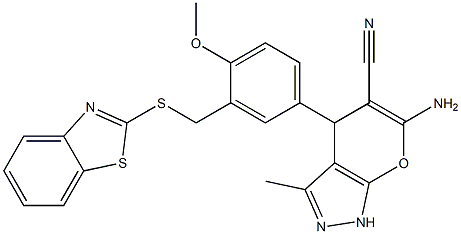 6-amino-4-{3-[(1,3-benzothiazol-2-ylsulfanyl)methyl]-4-methoxyphenyl}-3-methyl-1,4-dihydropyrano[2,3-c]pyrazole-5-carbonitrile Struktur