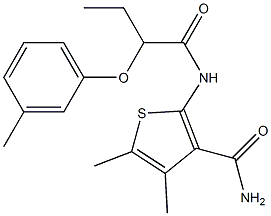 4,5-dimethyl-2-{[2-(3-methylphenoxy)butanoyl]amino}-3-thiophenecarboxamide Struktur