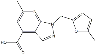 6-methyl-1-[(5-methyl-2-furyl)methyl]-1H-pyrazolo[3,4-b]pyridine-4-carboxylic acid Struktur