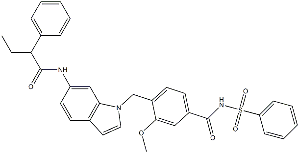 4-[6-(2-Phenylbutyrylamino)-1H-indol-1-ylmethyl]-3-methoxy-N-phenylsulfonylbenzamide Struktur