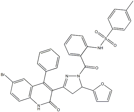 N-(2-{[3-(6-bromo-2-oxo-4-phenyl-1,2-dihydro-3-quinolinyl)-5-(2-furyl)-4,5-dihydro-1H-pyrazol-1-yl]carbonyl}phenyl)-4-methylbenzenesulfonamide Struktur