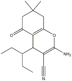 2-amino-4-(1-ethylpropyl)-7,7-dimethyl-5-oxo-5,6,7,8-tetrahydro-4H-chromene-3-carbonitrile Struktur