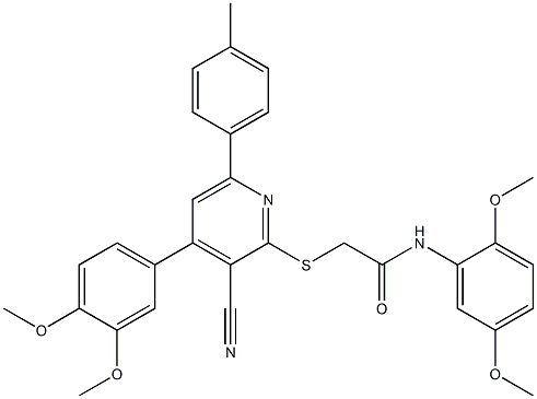 2-{[3-cyano-4-(3,4-dimethoxyphenyl)-6-(4-methylphenyl)-2-pyridinyl]sulfanyl}-N-(2,5-dimethoxyphenyl)acetamide Struktur