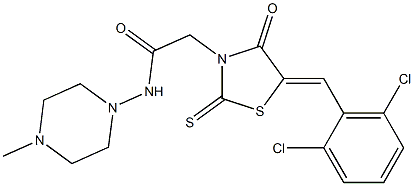 2-[5-(2,6-dichlorobenzylidene)-4-oxo-2-thioxo-1,3-thiazolidin-3-yl]-N-(4-methyl-1-piperazinyl)acetamide Struktur