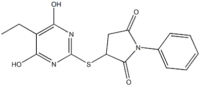 3-[(5-ethyl-4,6-dihydroxy-2-pyrimidinyl)thio]-1-phenyl-2,5-pyrrolidinedione Struktur