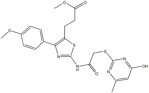 methyl 3-[2-({[(4-hydroxy-6-methyl-2-pyrimidinyl)sulfanyl]acetyl}amino)-4-(4-methoxyphenyl)-1,3-thiazol-5-yl]propanoate Struktur