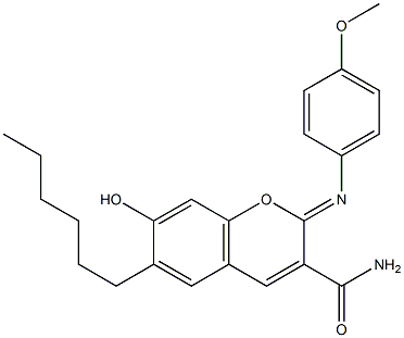 6-hexyl-7-hydroxy-2-[(4-methoxyphenyl)imino]-2H-chromene-3-carboxamide Struktur