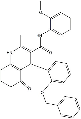 4-[2-(benzyloxy)phenyl]-N-(2-methoxyphenyl)-2-methyl-5-oxo-1,4,5,6,7,8-hexahydro-3-quinolinecarboxamide Struktur