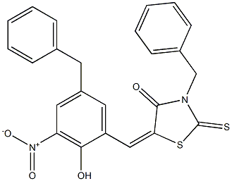 3-benzyl-5-{5-benzyl-2-hydroxy-3-nitrobenzylidene}-2-thioxo-1,3-thiazolidin-4-one Struktur