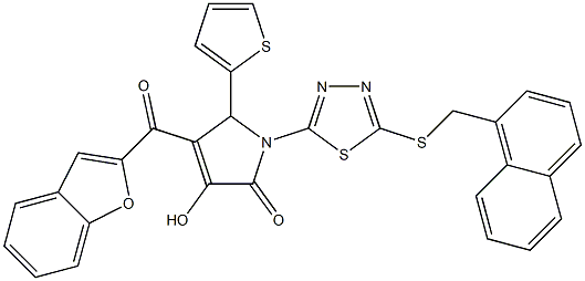 4-(1-benzofuran-2-ylcarbonyl)-3-hydroxy-1-{5-[(1-naphthylmethyl)sulfanyl]-1,3,4-thiadiazol-2-yl}-5-(2-thienyl)-1,5-dihydro-2H-pyrrol-2-one Struktur