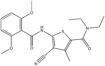 4-cyano-5-[(2,6-dimethoxybenzoyl)amino]-N,N-diethyl-3-methyl-2-thiophenecarboxamide Struktur