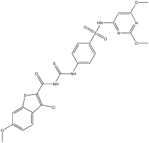 4-[({[(3-chloro-6-methoxy-1-benzothiophen-2-yl)carbonyl]amino}carbothioyl)amino]-N-(2,6-dimethoxy-4-pyrimidinyl)benzenesulfonamide Struktur