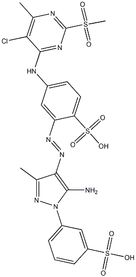 2-[[5-Amino-3-methyl-1-(3-sulfophenyl)-1H-pyrazol-4-yl]azo]-4-[[5-chloro-6-methyl-2-(methylsulfonyl)-4-pyrimidinyl]amino]benzenesulfonic acid Struktur