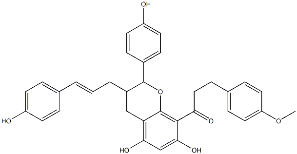 3-(4-Methoxyphenyl)-1-[[2-(4-hydroxyphenyl)-3-[3-(4-hydroxyphenyl)-2-propenyl]-5,7-dihydroxy-3,4-dihydro-2H-1-benzopyran]-8-yl]-1-propanone Struktur