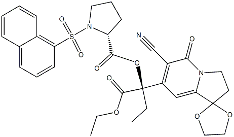 6-Cyano-7-[(R)-1-ethoxycarbonyl-1-[[(2R)-1-[(1-naphtyl)sulfonyl]-2-pyrrolidinyl]carbonyloxy]propyl]-2,3-dihydrospiro[indolizine-1,2'-[1,3]dioxolan]-5-one Struktur